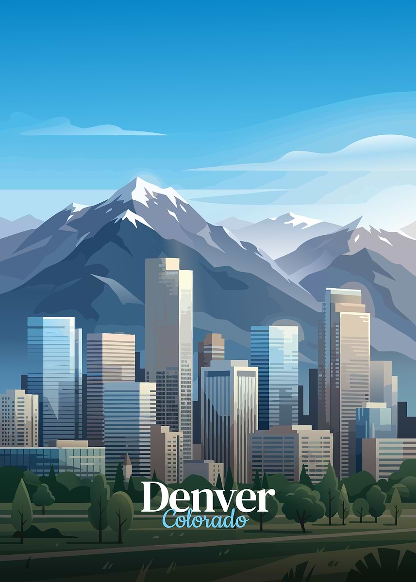 'Denver Cityscape with Mountains' Poster, picture, metal print, paint ...