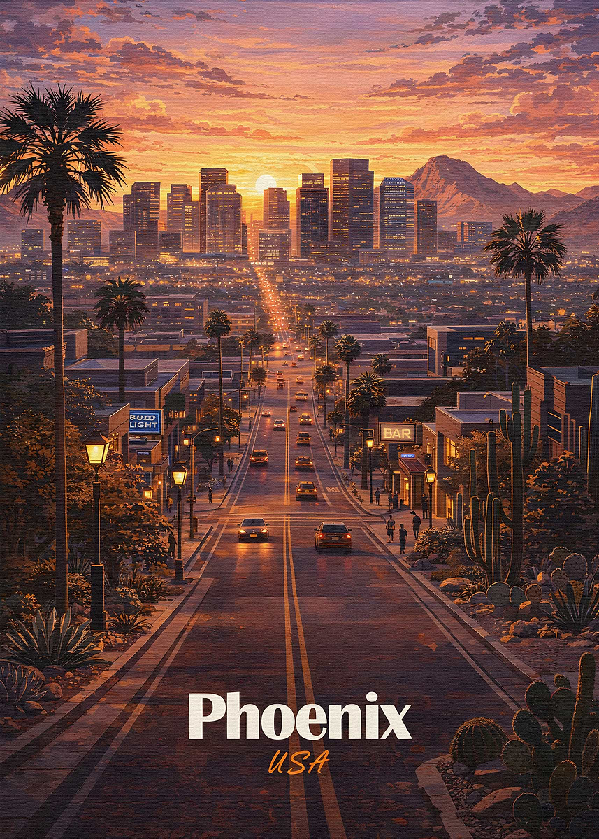 'Phoenix Cityscape at Sunset' Poster, picture, metal print, paint by ...