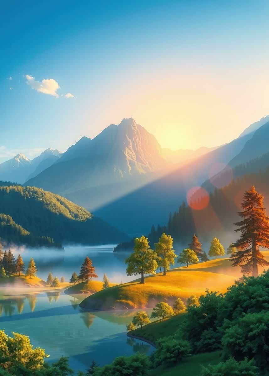 Dpicture 'Sunrise over misty mountains and lake' Poster, picture, metal print ...