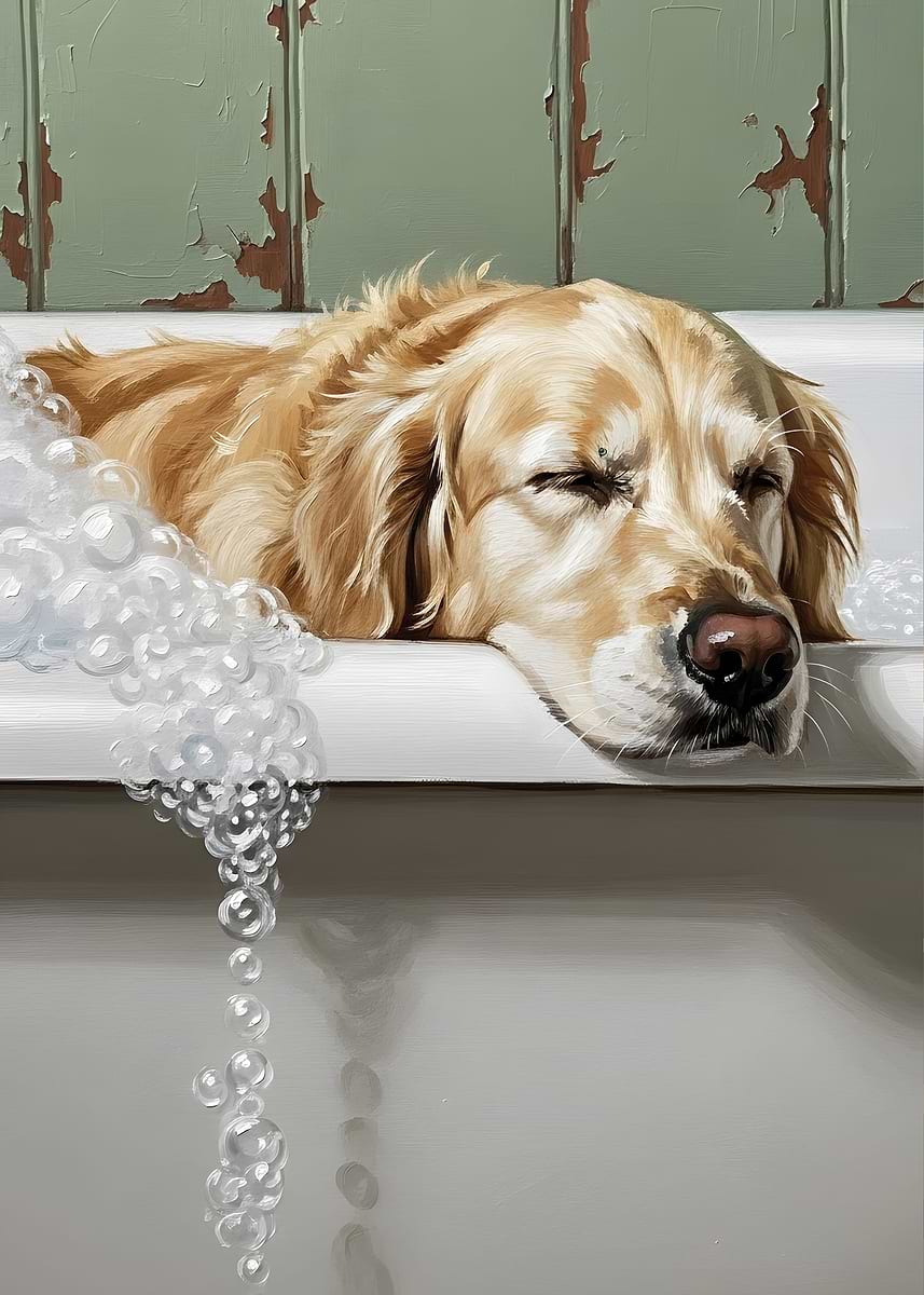'Golden Retriever Dog in Bathtub' Poster, picture, metal print, paint ...