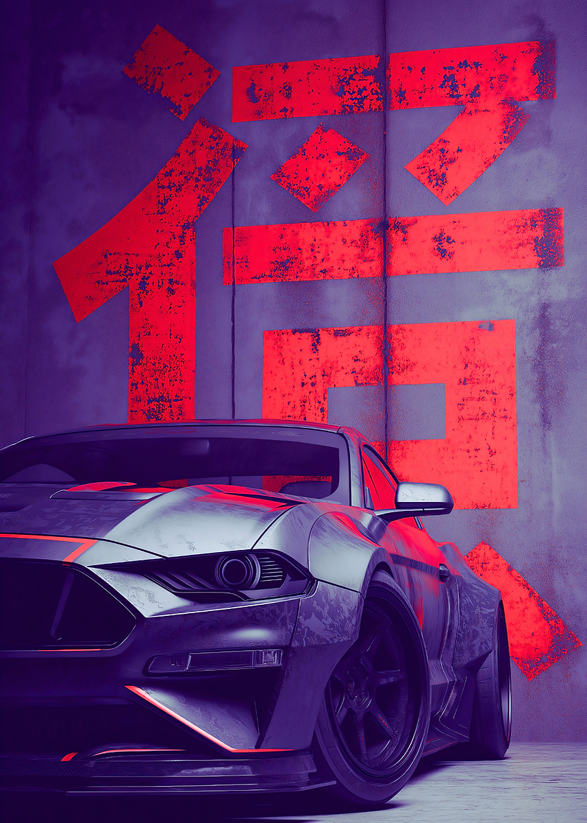 Cyberpunk Car with Japanese Symbol' Poster, picture, metal print