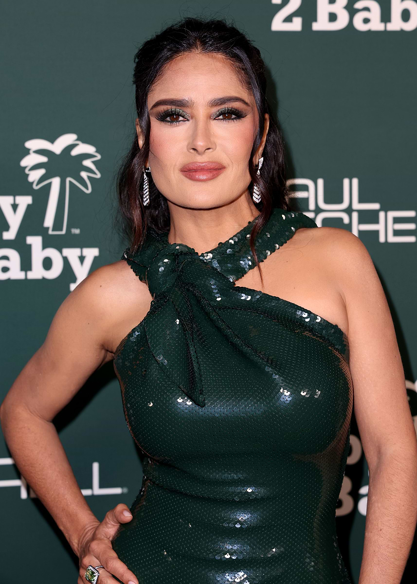 salma hayek green dress Salma Hayek Celebrates Reaching 17m Instagram Followers In Cult Gaia