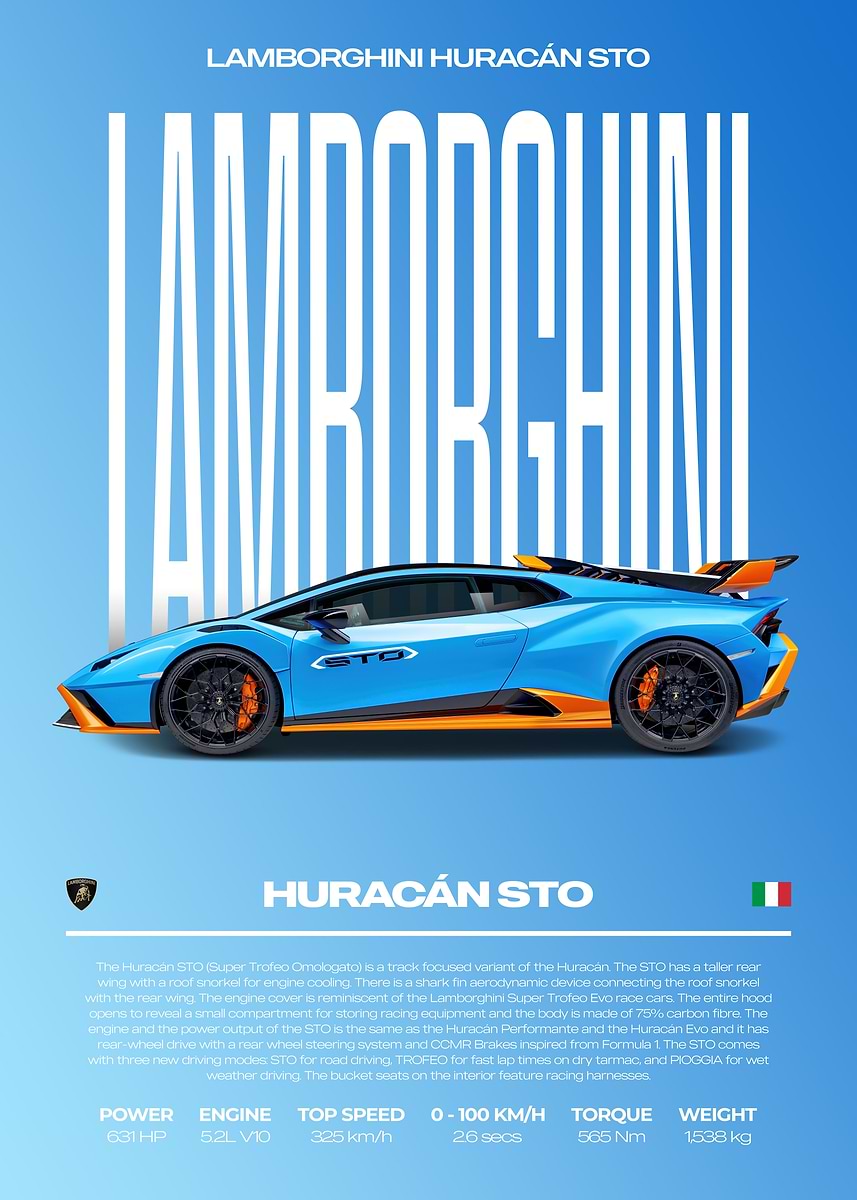 Lamborghini Huracan STO スケッチ ポスター Lamborghini Huracán STO Poster - Car Fine Art Prints – Postersport