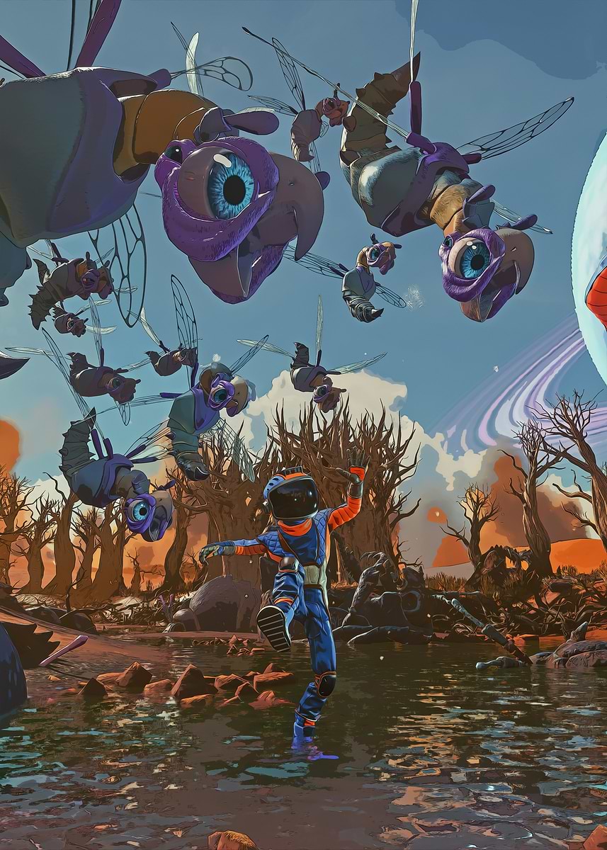 'Astronaut facing alien insect swarm' Poster, picture, metal print ...