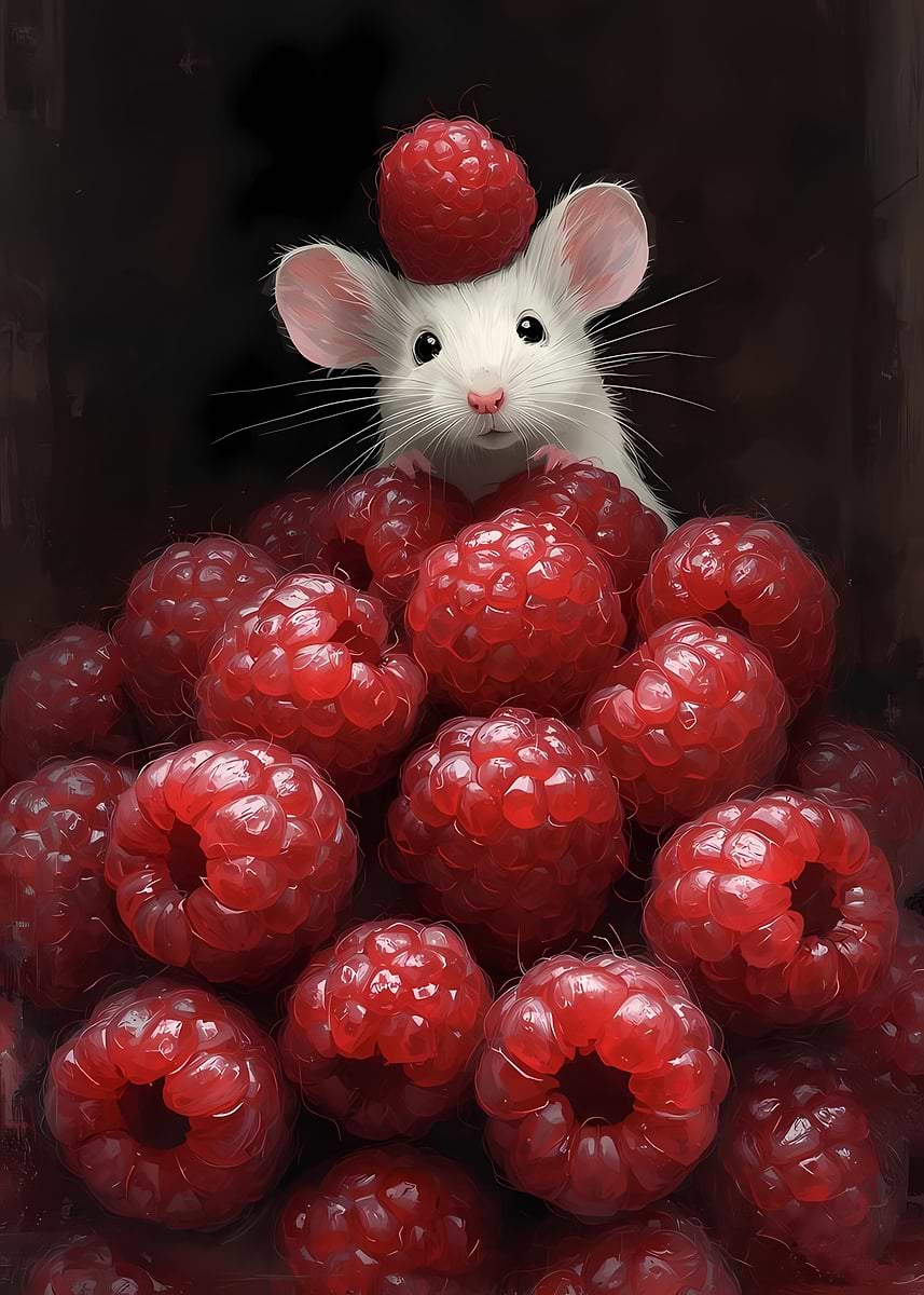 'Cute Mouse with Raspberries' Poster, picture, metal print, paint by ...