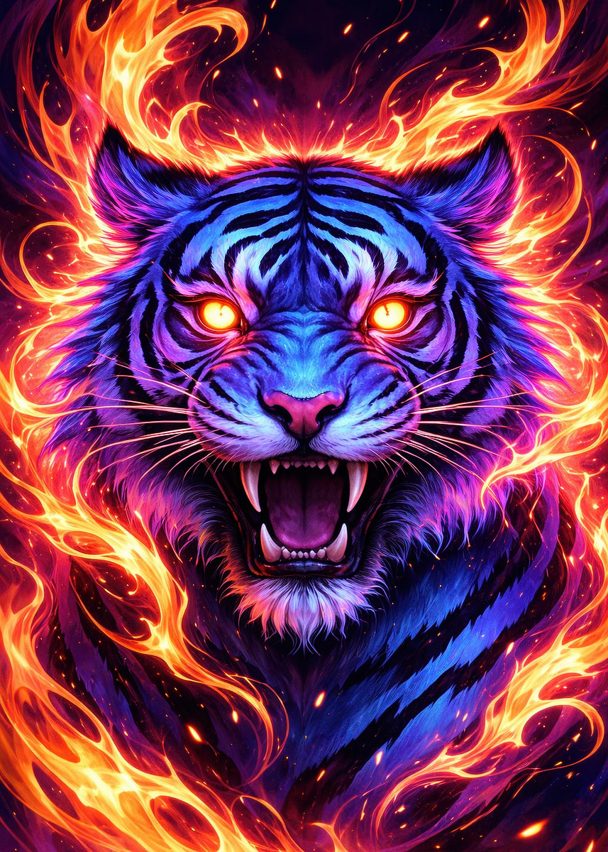 黄金の調和の木 DISPLATE メタリック ポスター ( #8833 ) Fiery Blue Tiger Roaring' Poster, picture, metal print, paint by