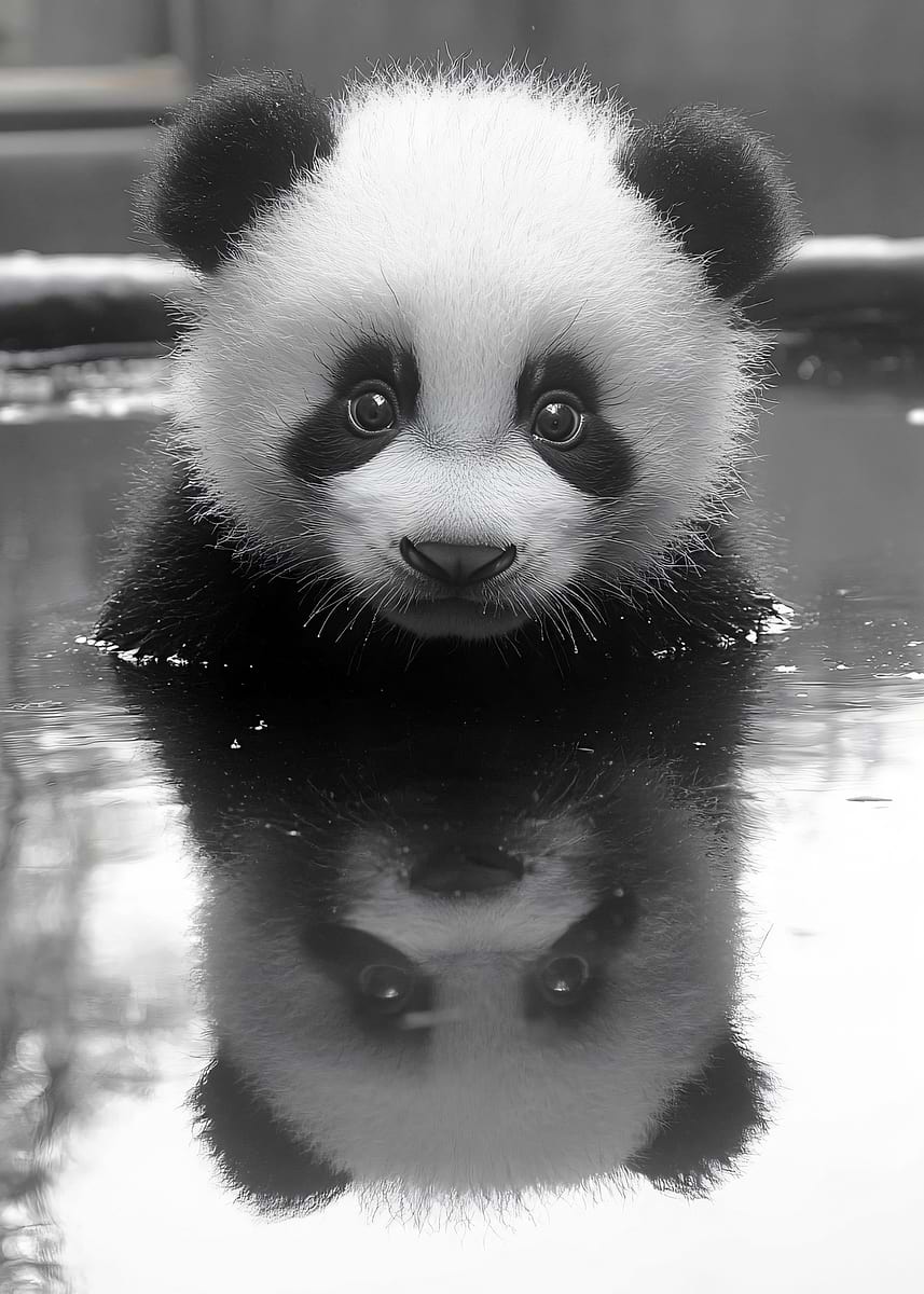 'Panda Cub in Water Reflection' Poster, picture, metal print, paint by ...