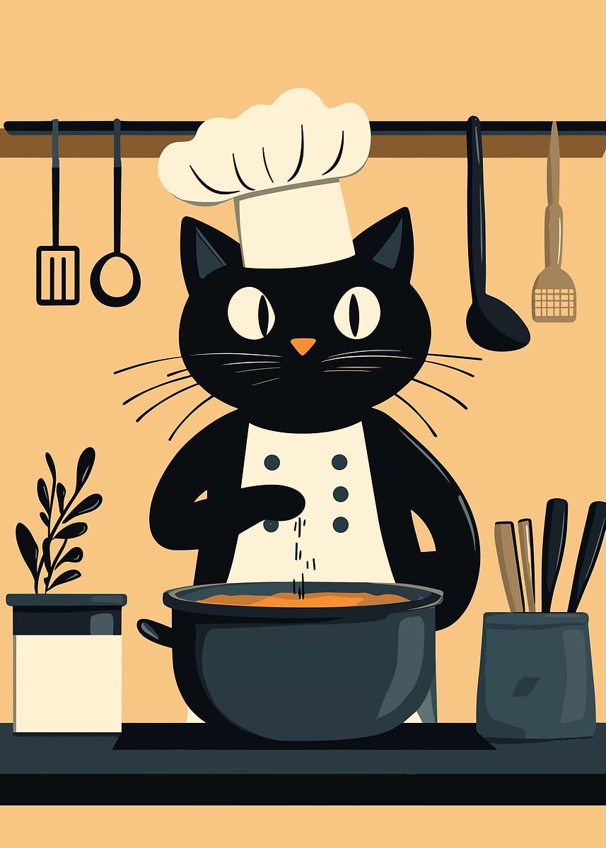 black cat chef art print: boho kitchen cooking poster... 'Chef Cat Cooking in Kitchen' Poster, picture, metal print, paint by ...