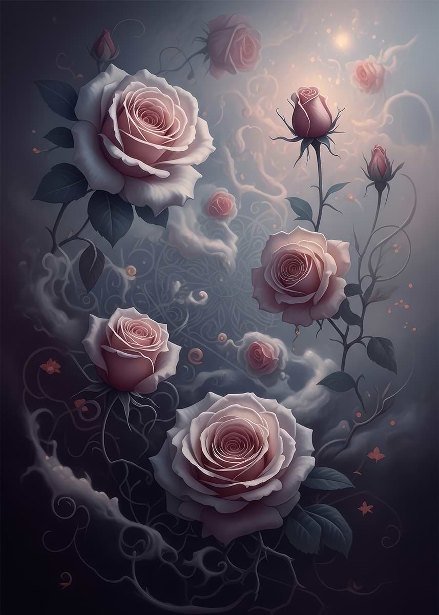 'Dreamy Pink Roses in Mist' Poster, picture, metal print, paint by ...