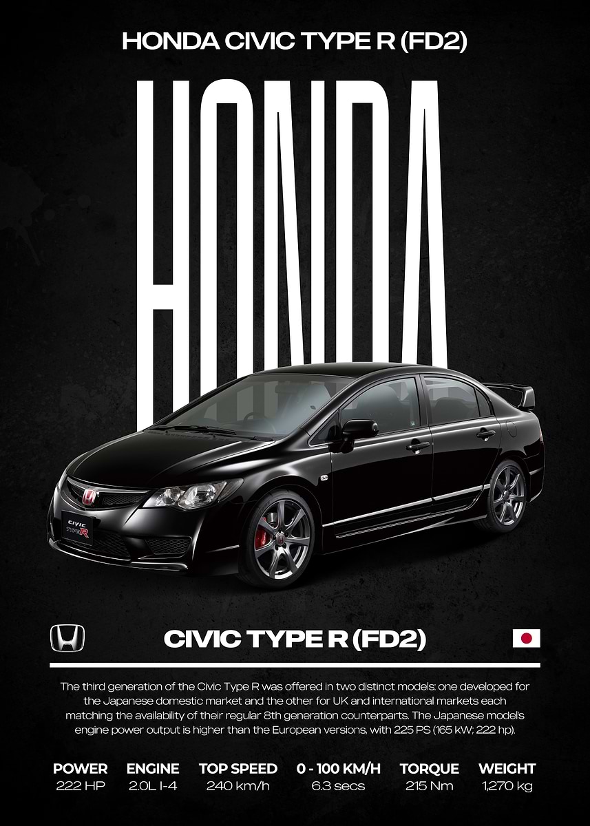 Honda Civic Type R FD2 Poster' Poster, picture, metal print, paint