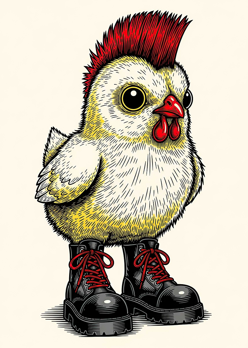'Punk Chicken in Combat Boots' Poster, picture, metal print, paint by ...
