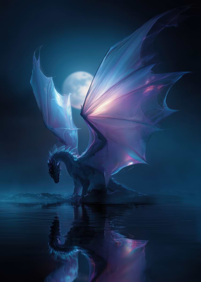 'Dragon in Moonlight Reflection' Poster, picture, metal print, paint by ...