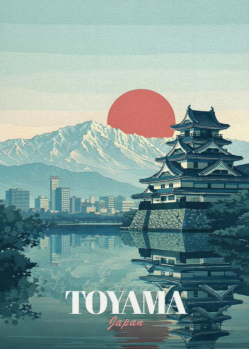 Toyama Japan Castle and Mountains' Poster, picture, metal print