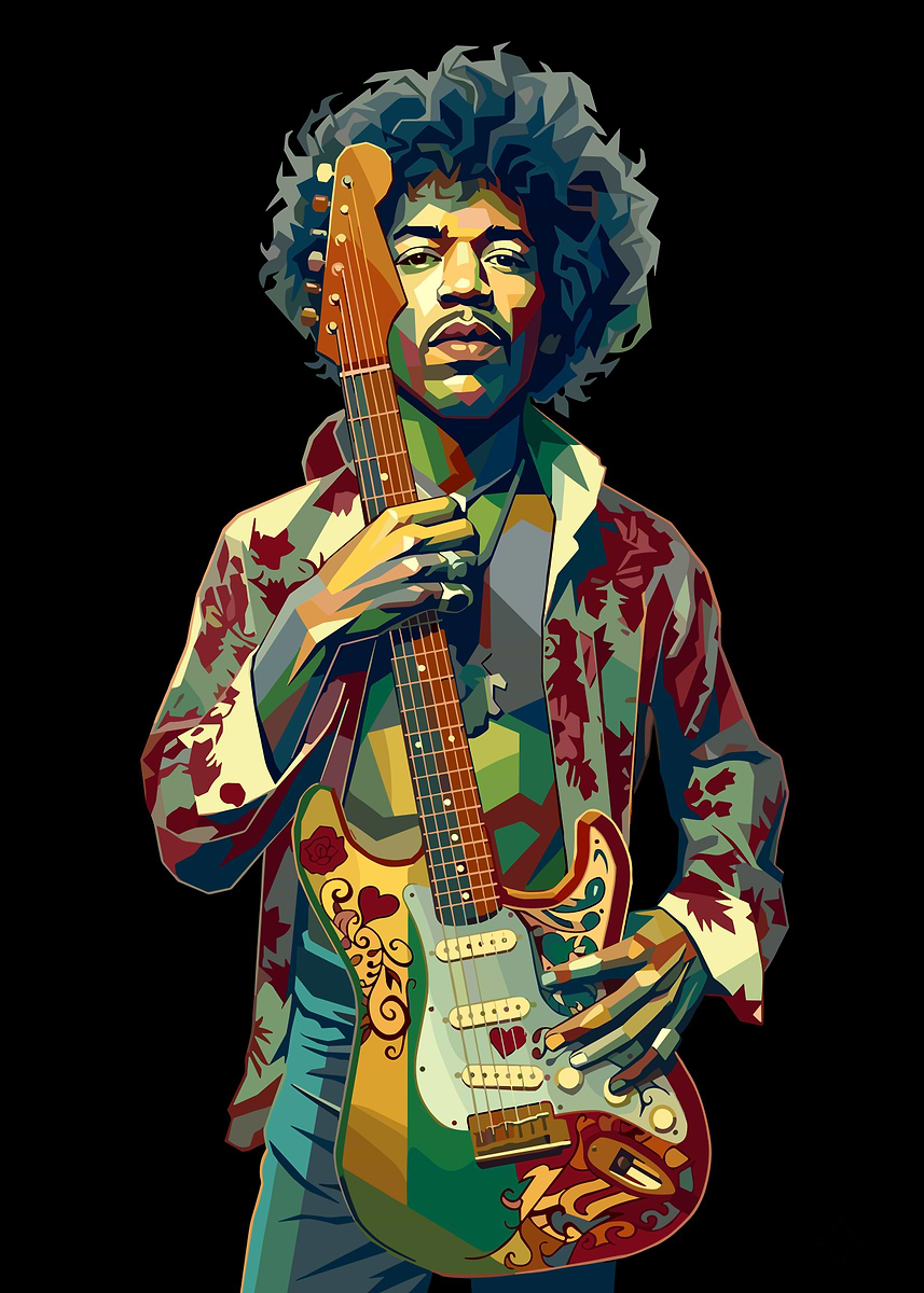 Jimi Hendrix with Electric Guitar' Poster, picture, metal print