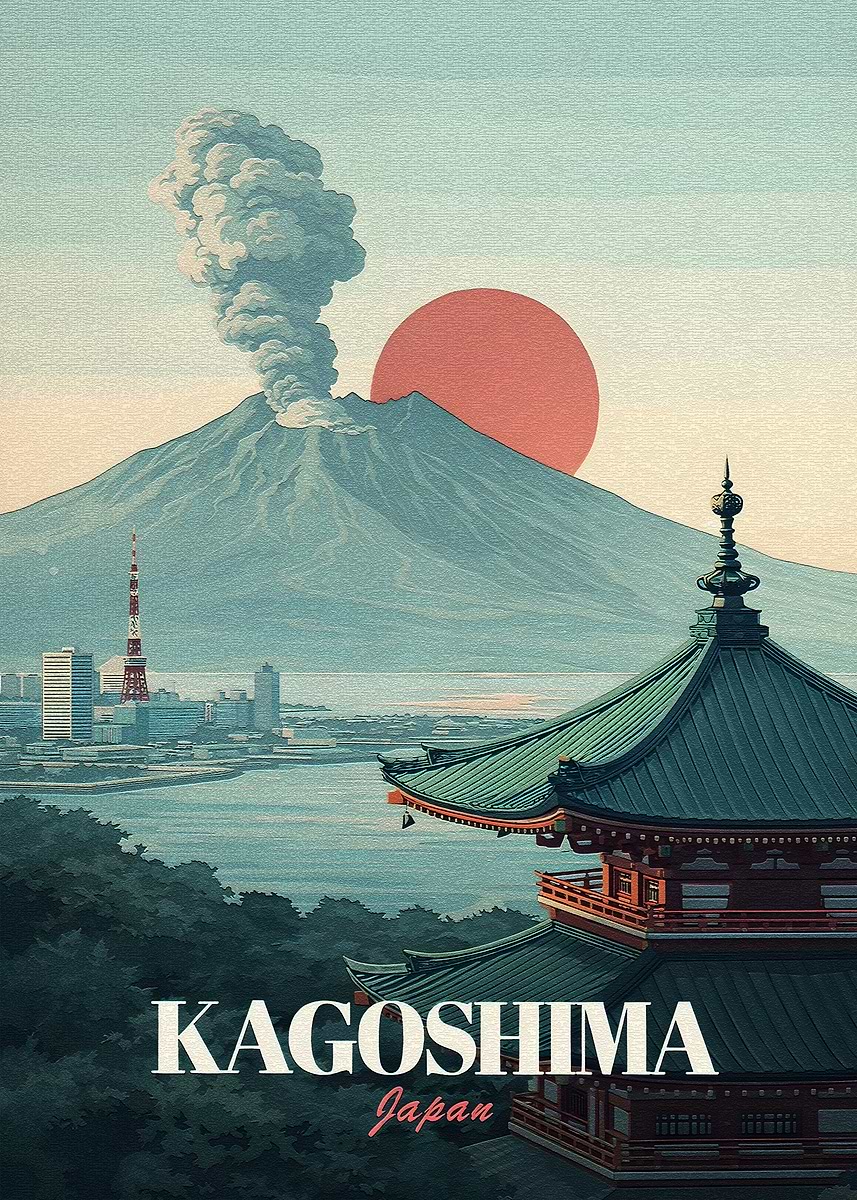 Kagoshima Japan Travel Poster' Poster, picture, metal print, paint Kagoshima Japan Travel Poster' Poster, picture, metal print, paint