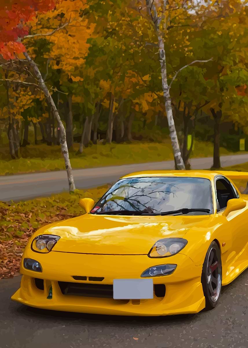 Yellow Rx Signa 'Yellow RX-7 in Autumn Scenery' Poster, picture, metal print, paint by ...