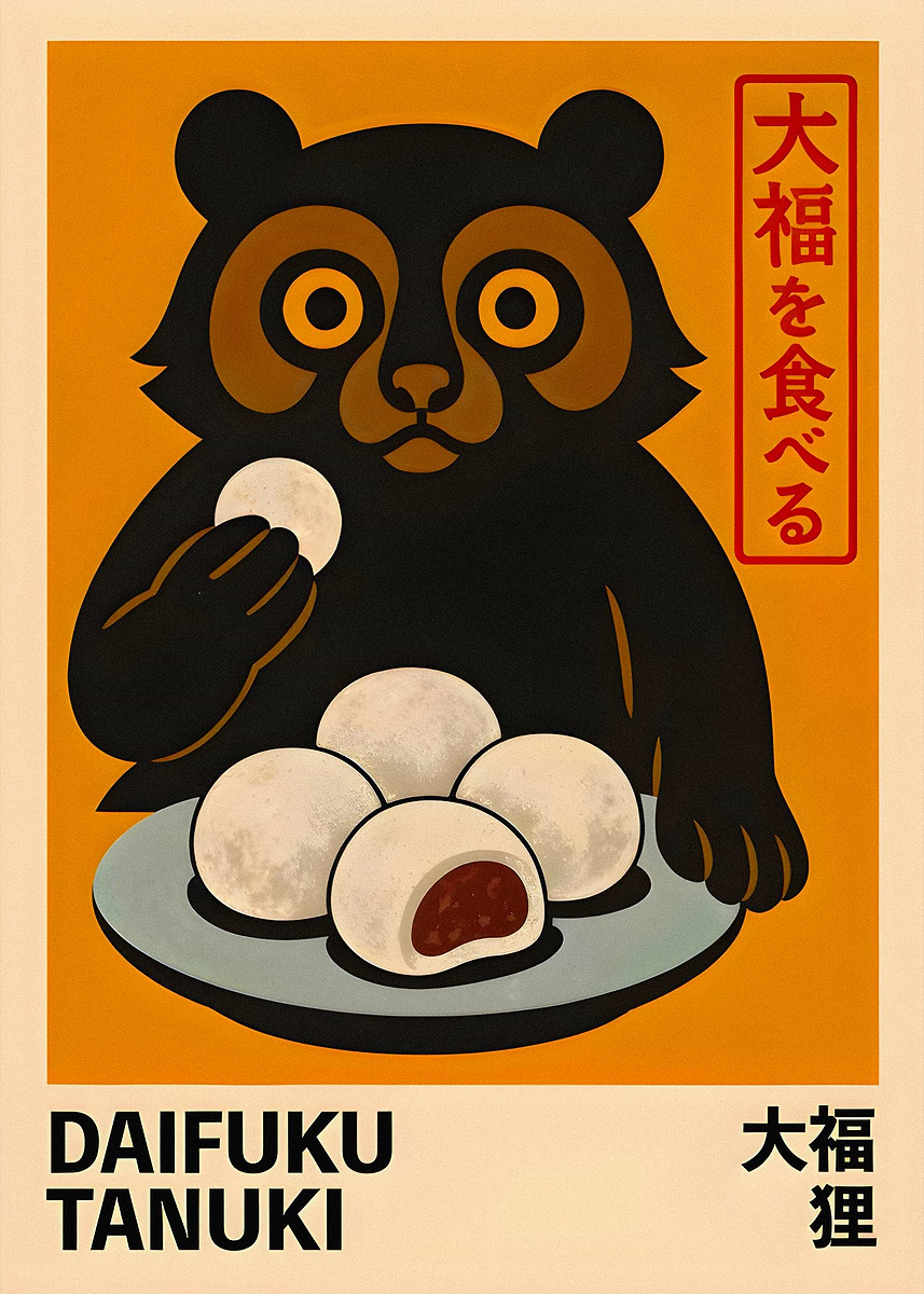 Tanuki Eating Daifuku' Poster, picture, metal print, paint by Mas