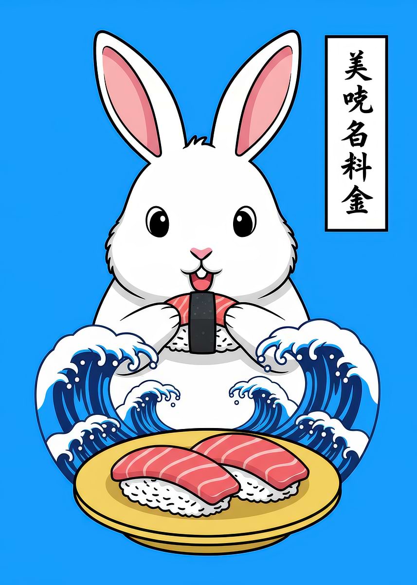 'Cute Rabbit Eating Sushi' Poster, picture, metal print, paint by ...
