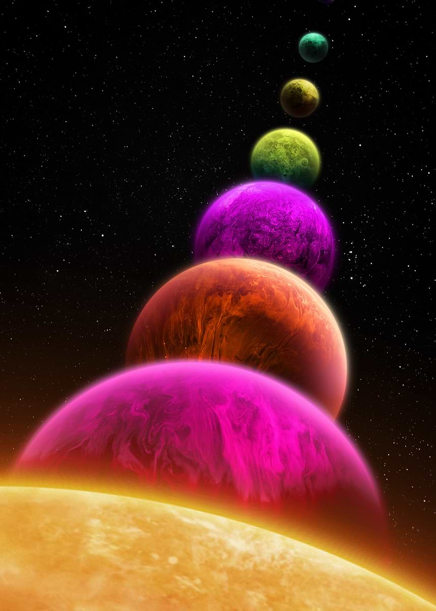 Pretty Color Planets 'Colorful planets in a starry sky' Poster, picture, metal print, paint ...