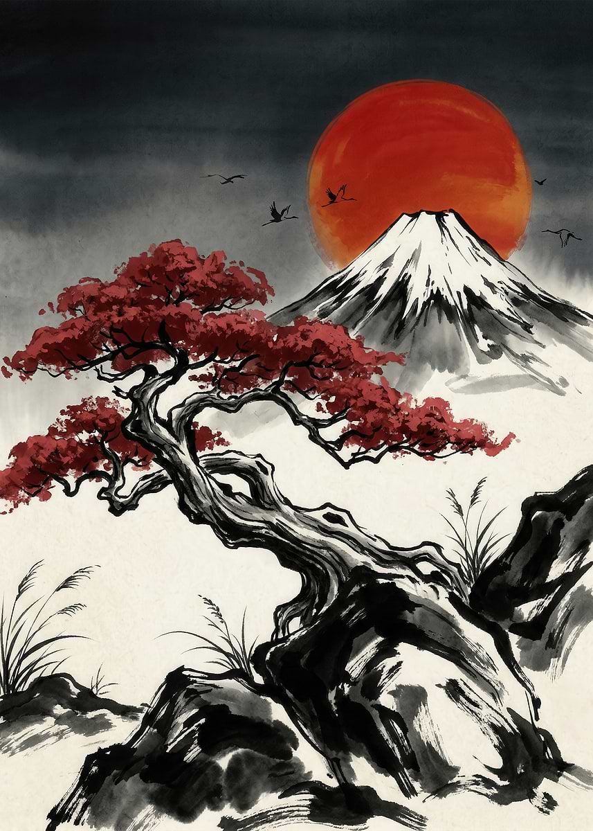 Japanese Landscape with Mount Fuji and Bonsai Tree' Poster