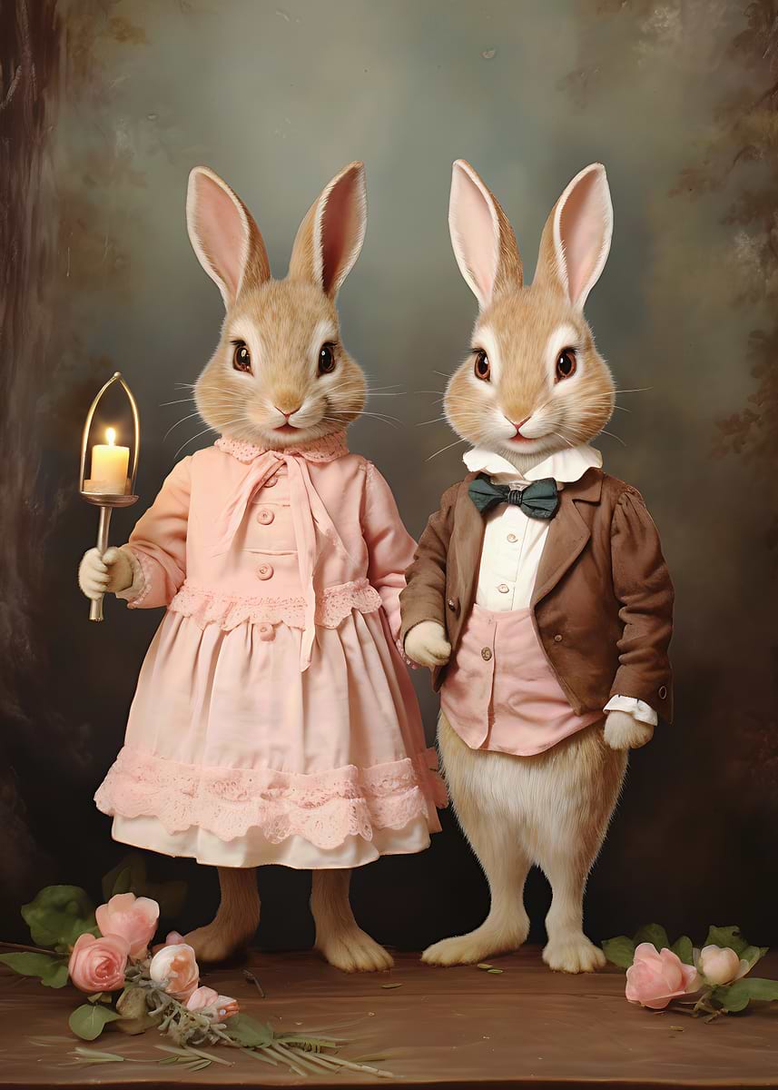 'Anthropomorphic Rabbits in Vintage Attire' Poster, picture, metal ...