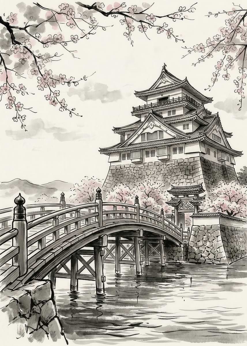Japanese Castle with Cherry Blossoms and Bridge' Poster, picture
