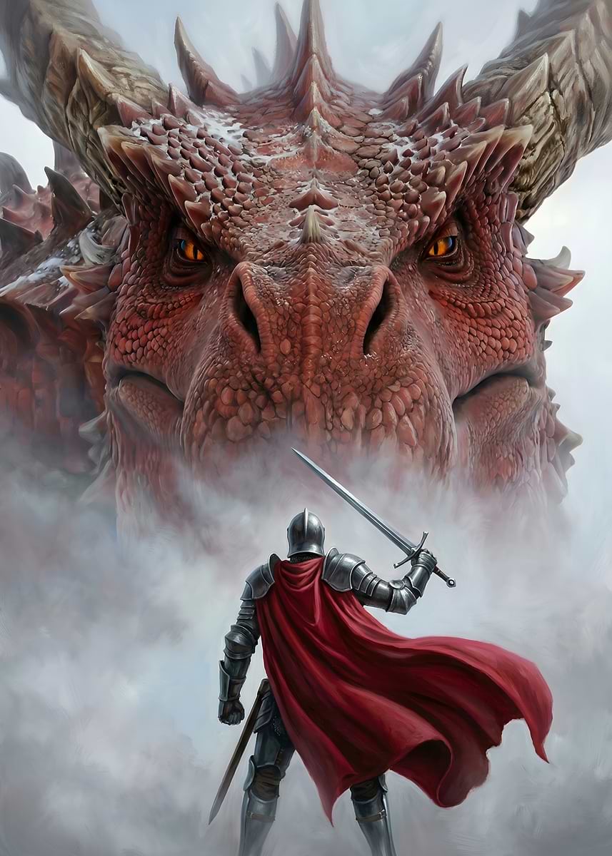 Knight Riding A Red Dragon 'Knight faces a giant red dragon' Poster, picture, metal print, paint ...