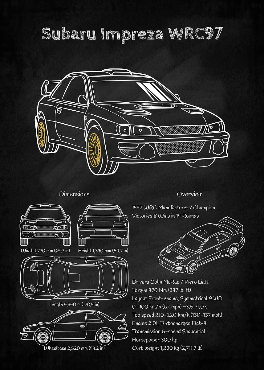 Subaru Impreza WRC97 Blueprint' Poster, picture, metal print