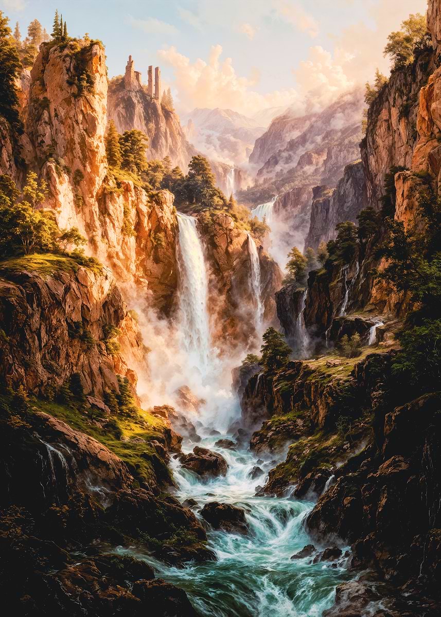 Epic Fantasy Waterfall Mountain Landscape' Poster, picture, metal