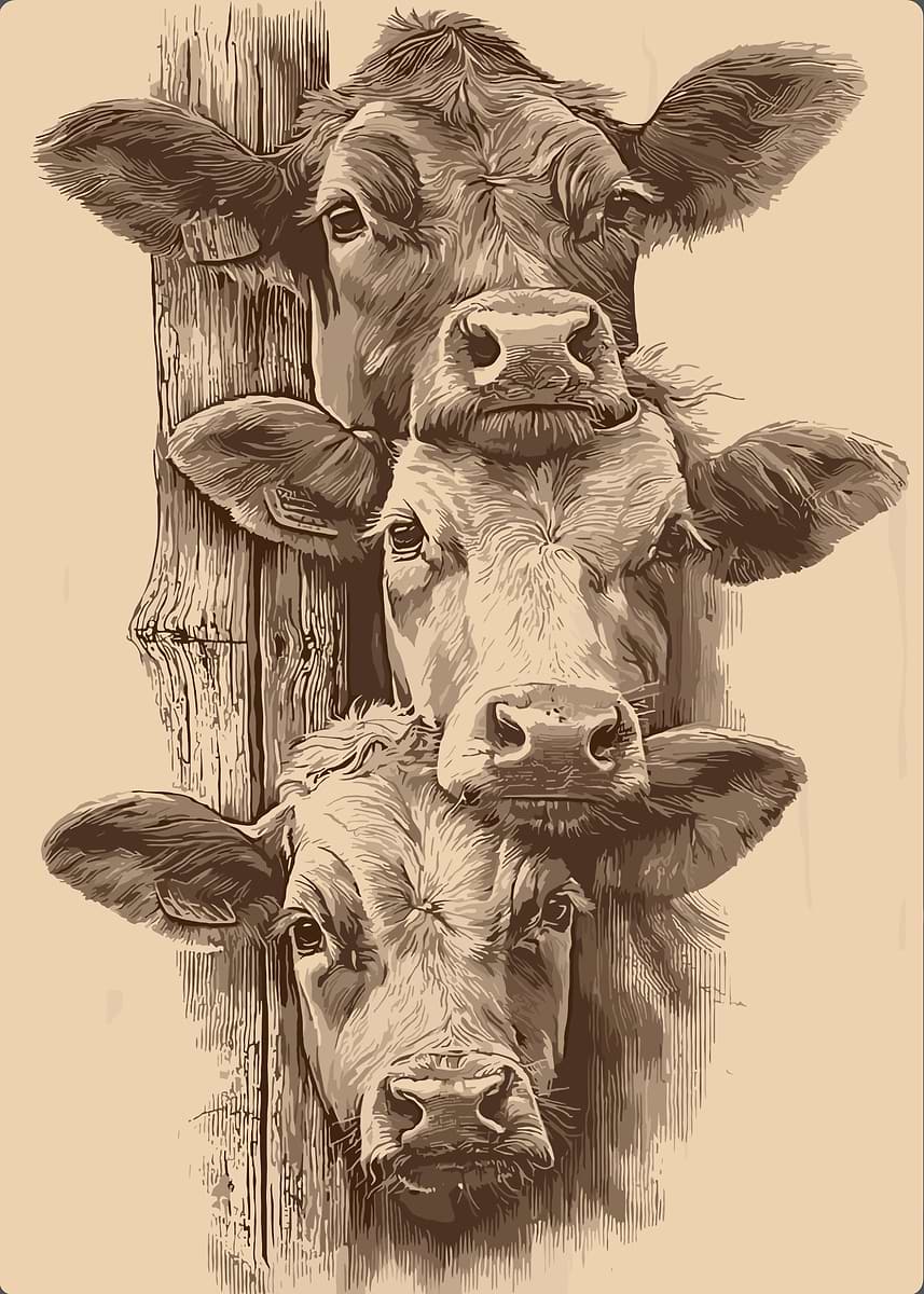 'Three Cows Stacked on a Post' Poster, picture, metal print, paint by ...