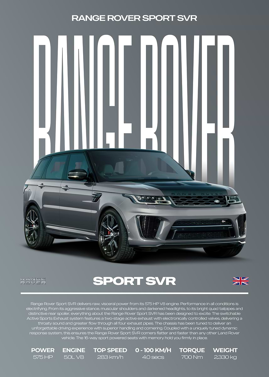 'Range Rover Sport SVR Car Poster' Poster, picture, metal print, paint ...