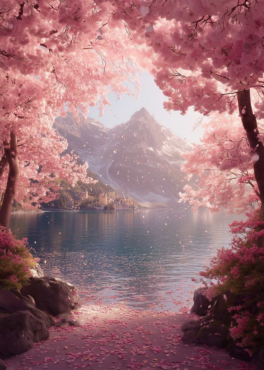 'Serene Lake Amidst Cherry Blossoms and Mountains' Poster, picture ...