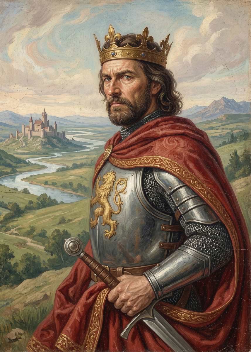 King in Armor with Castle Landscape' Poster, picture, metal print