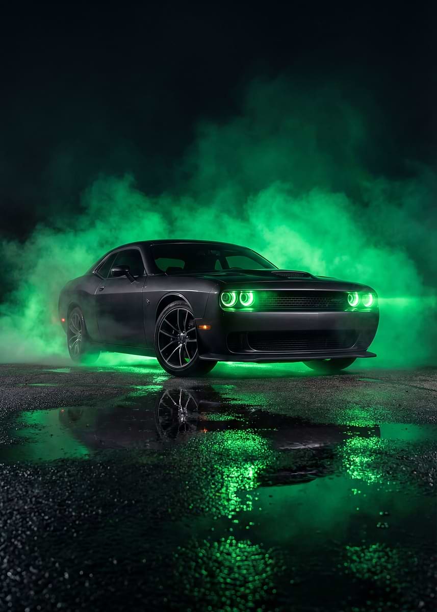 Dodge Challenger with Green Smoke' Poster, picture, metal print