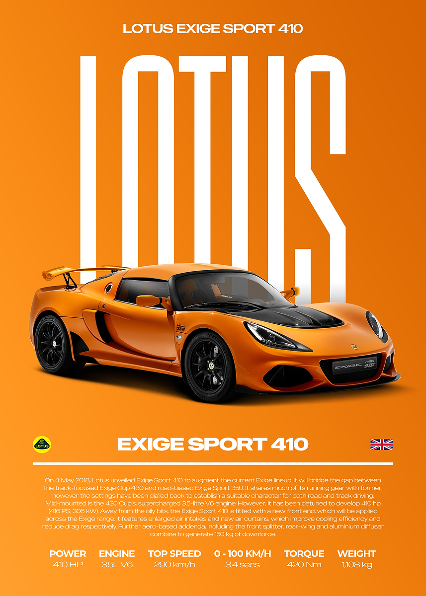 Lotus Exige Sport 410 Car Poster' Poster, picture, metal print