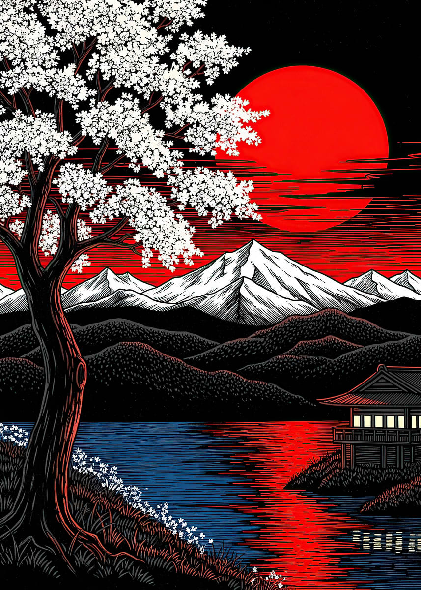 アート・デザイン・音楽 Absolute Landscape Japanese Landscape with Cherry Blossoms and Red Sun' Poster