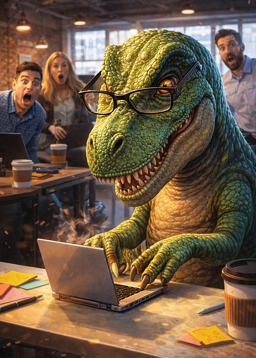 'Meme Absurd Dinosaur Working on a Laptop in Office' Poster, picture ...