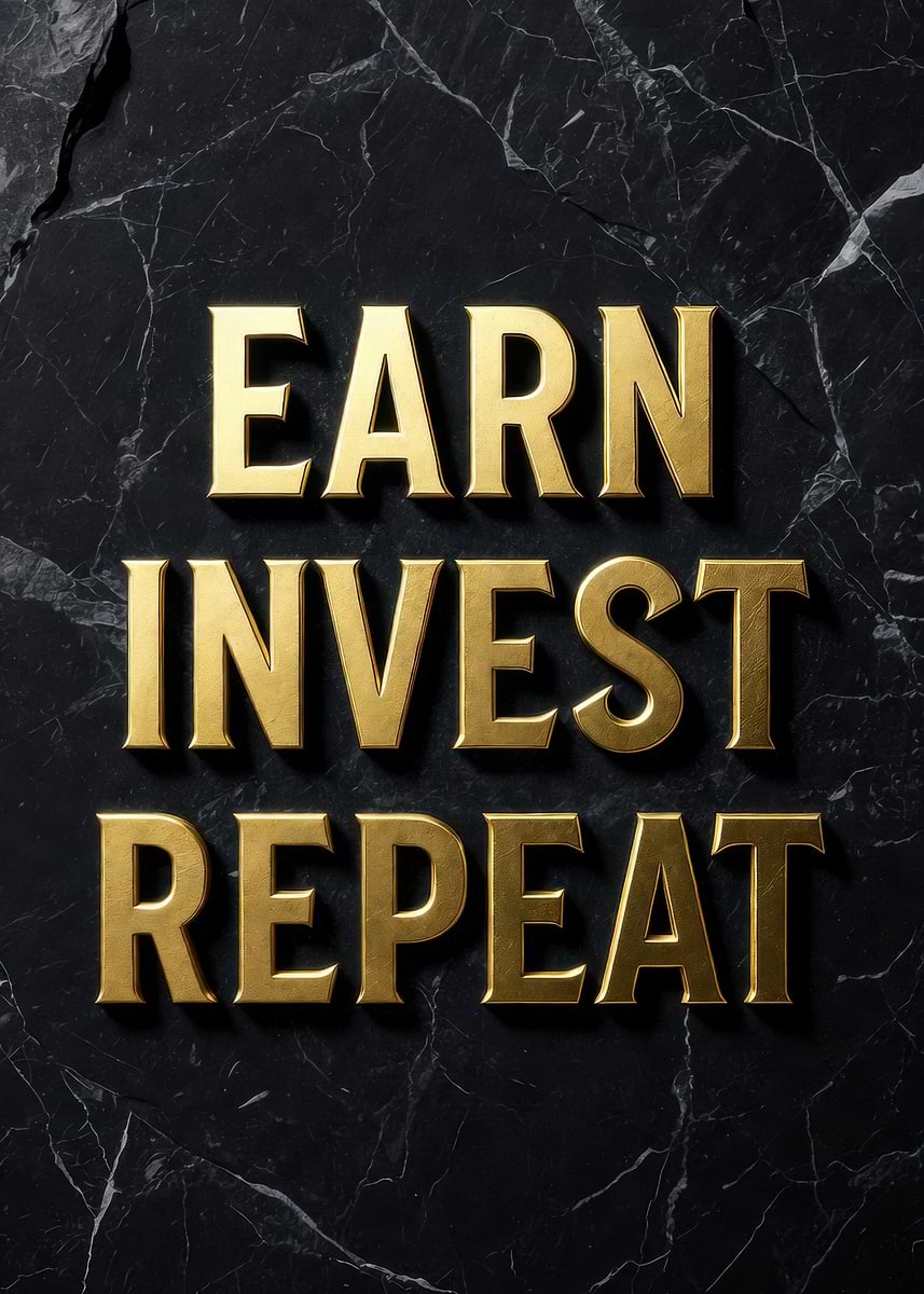 'Earn Invest Repeat Gold Text' Poster, picture, metal print, paint by ...