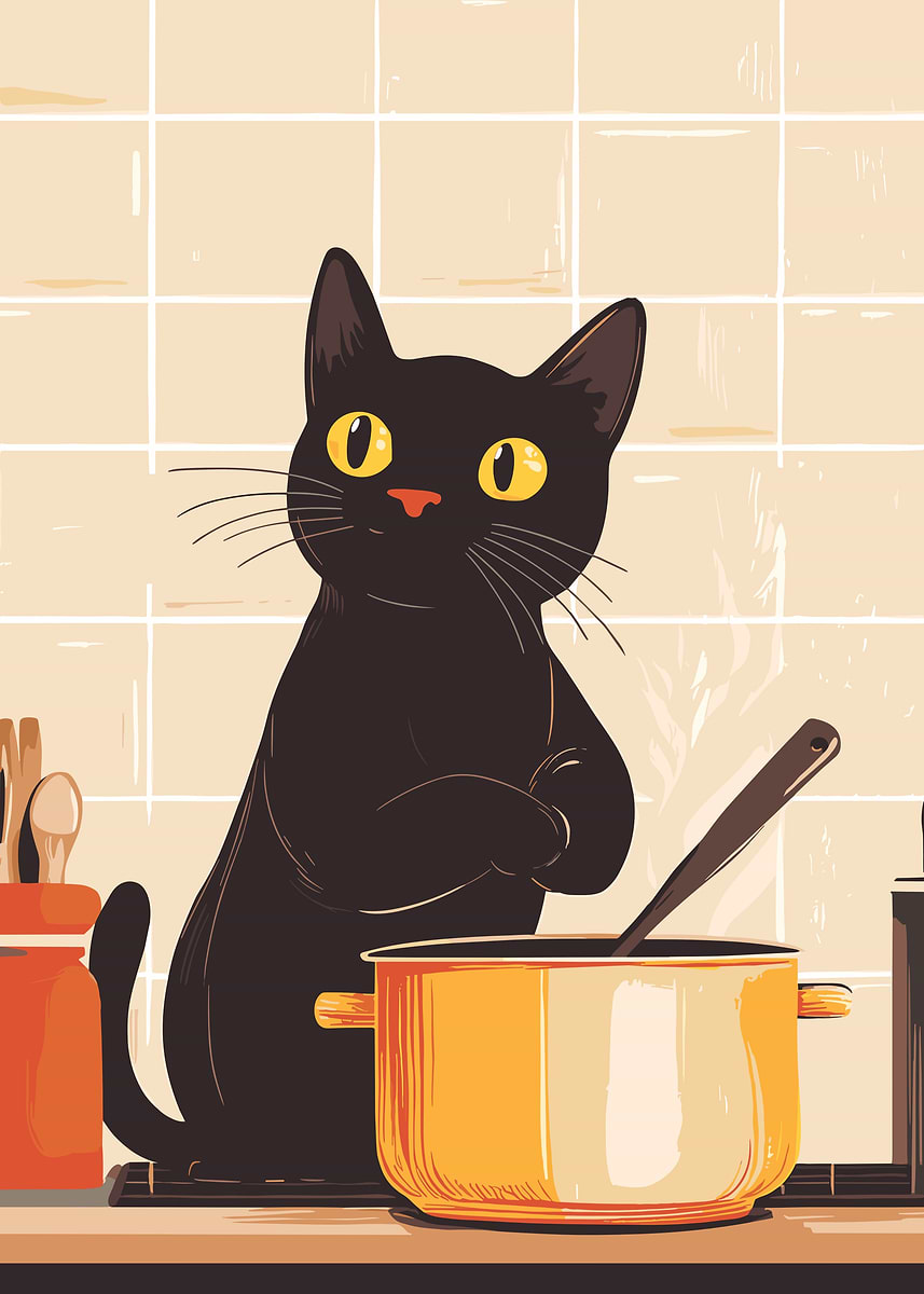 black cat chef art print: boho kitchen cooking poster... 'Black Cat Cooking in Kitchen' Poster, picture, metal print, paint by ...