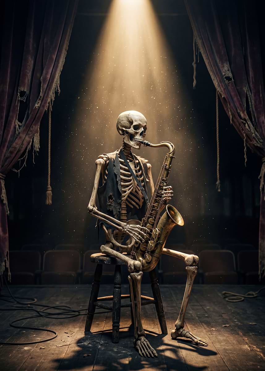 'Skeleton playing saxophone on stage' Poster, picture, metal print ...