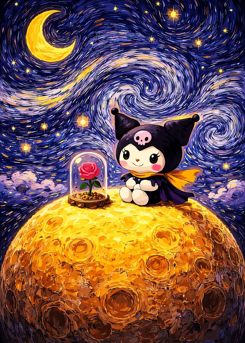 Kuromi on the Moon with a Rose' Poster, picture, metal print