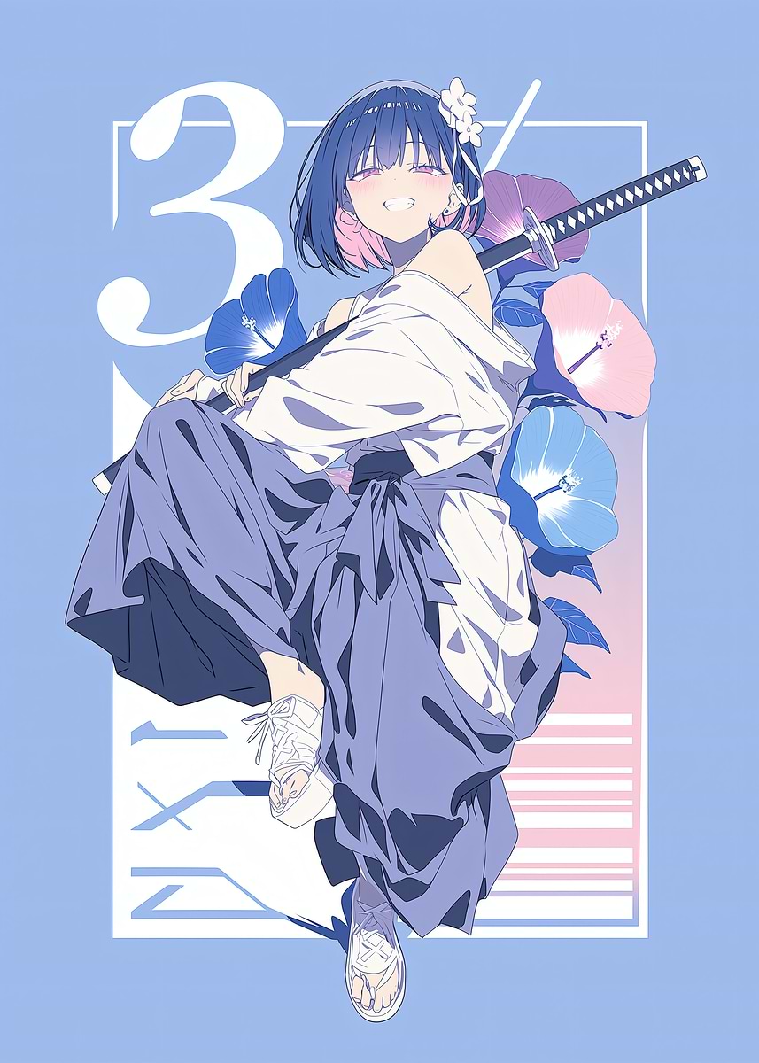 Anime Girl with Katana and Flowers' Poster, picture, metal print