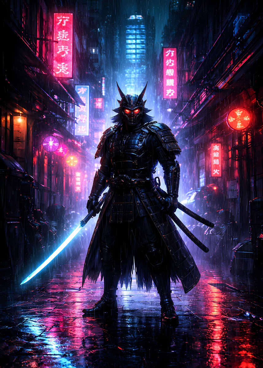 'Cyberpunk Samurai in Neon City' Poster, picture, metal print, paint by ...