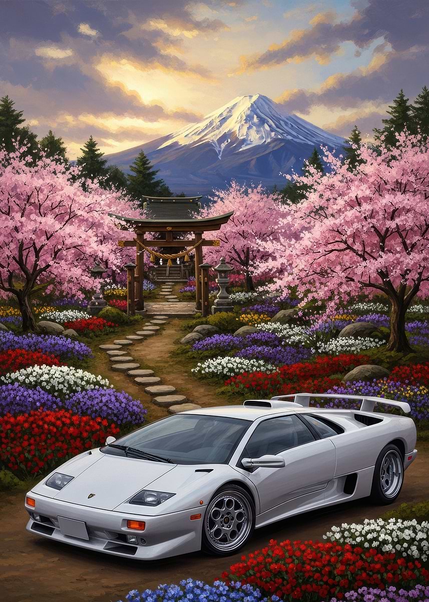 White Lamborghini Diablo with Mount Fuji and Cherry Blossoms