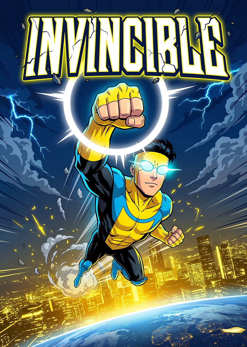 'Invincible Flying Over Cityscape' Poster, picture, metal print, paint ...