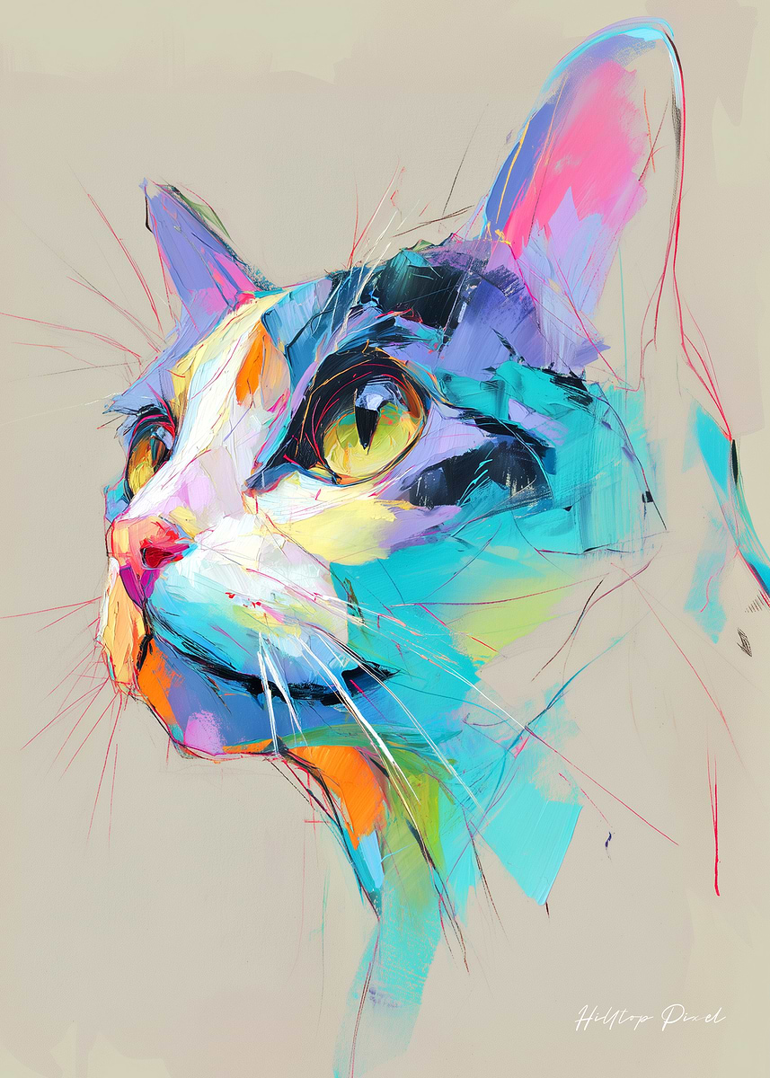 'Vibrant Abstract Cat Portrait' Poster, picture, metal print, paint by ...