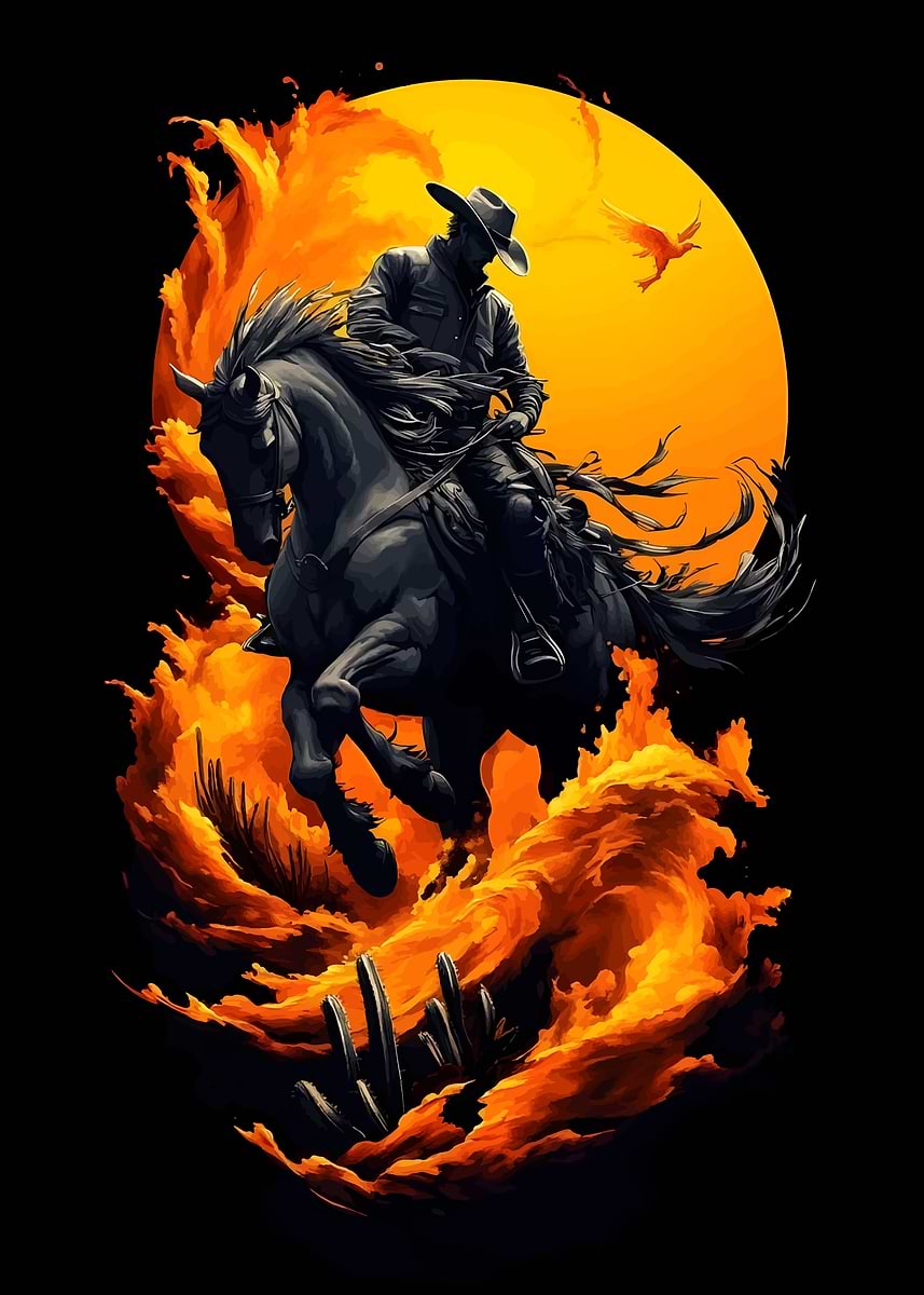 'Cowboy Riding Horse Through Fire' Poster, picture, metal print, paint ...