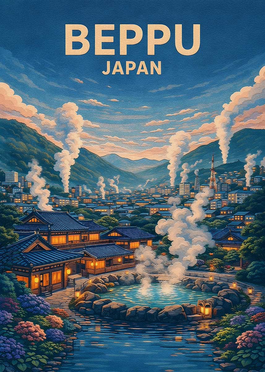 Beppu Japan Hot Springs' Poster, picture, metal print, paint by