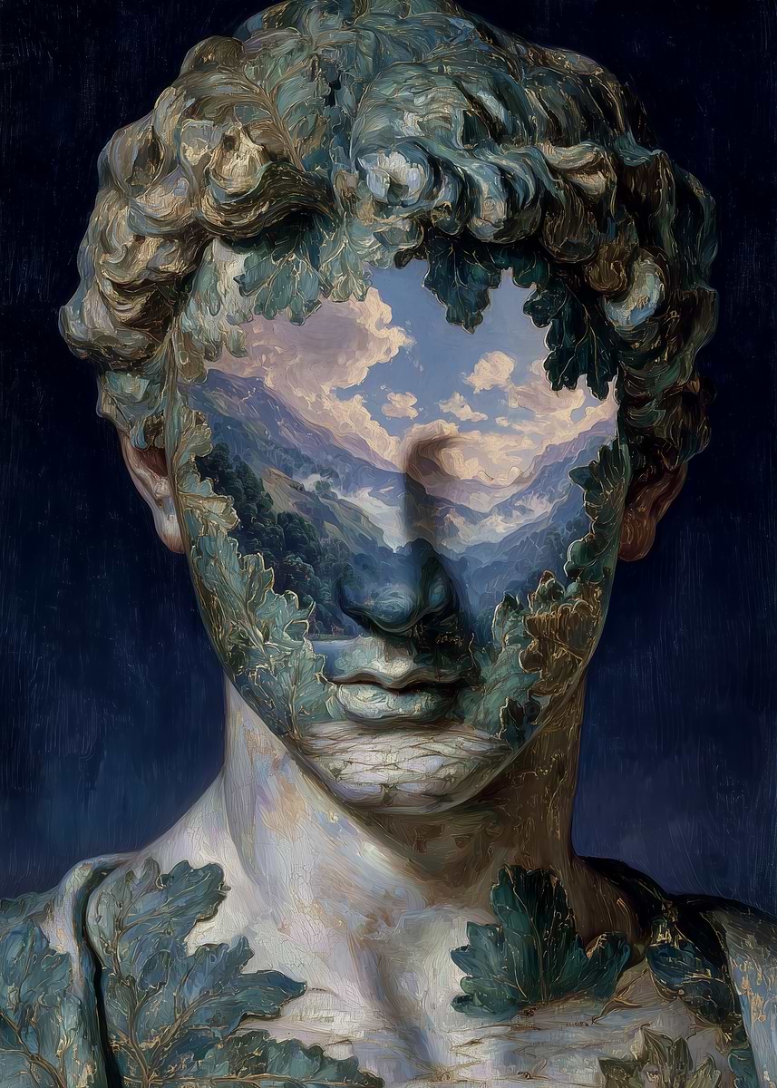 Projection Statue 'Statue with Landscape Reflection' Poster, picture, metal print, paint ...