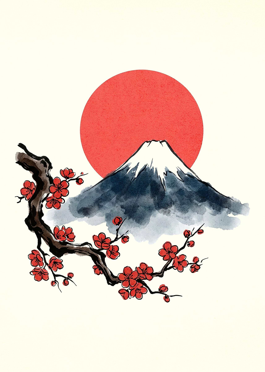 Mount Fuji with Cherry Blossoms and Sun' Poster, picture, metal